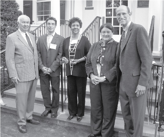 Celebrating the Nassau Club's recent completion of a $600,000 renovation were (from left) Alan Hegedus, Nassau Club Vice President and Chair of the House Restoration Committee; Township Deputy Mayor Chad Goerner; Princeton Borough Mayor Mildred Trotman; Nassau Club President Alison Lahnston; and Marc Brahaney of Lasley Brahaney General Contractors.