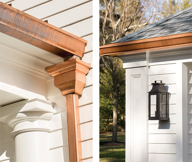 The copper gutter, downspout, & trim detail.