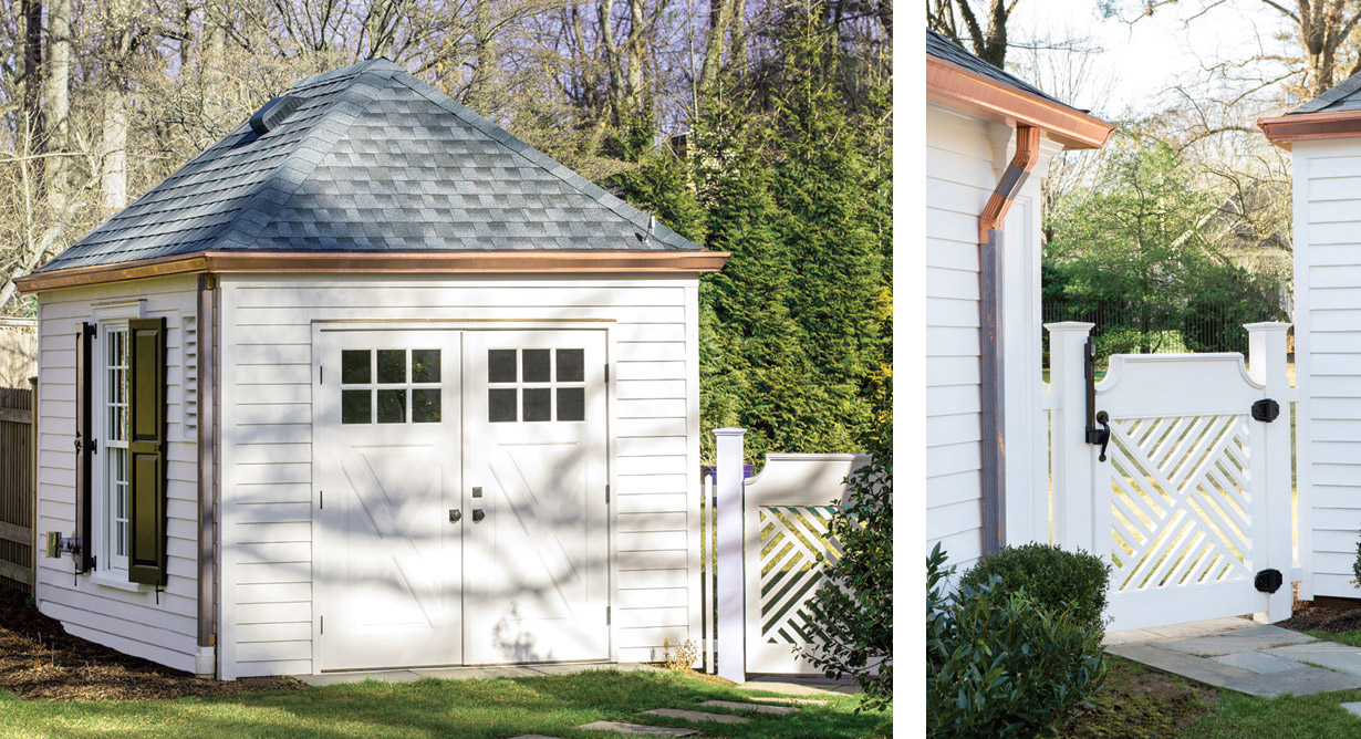 Outbuilding with copper gutters and downspouts.