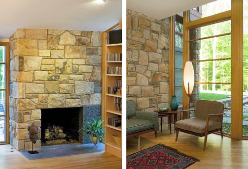 Wood, glass, and stone come together again in the master bathroom in the back of the house on the lower level. Limestone covers the floor and lines the shower chamber, which also features a frameless door and frosted-glass exterior window. The soft green glass-tile accent wall showcases the cedar platform, bench, and soaking tub (not shown); surrounding windows look into an enclosed garden outside. Two skylights let in the light.