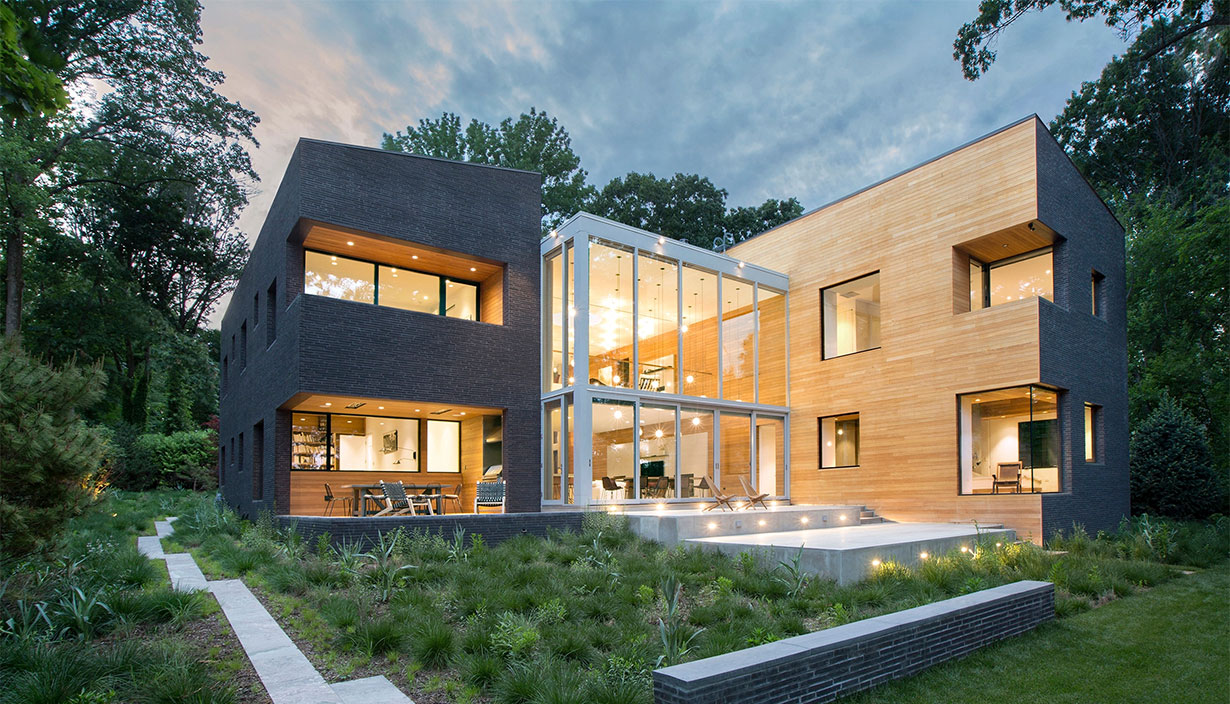 Modern Princeton Home Exterior at Night. Photo by Tom Grimes.